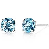 Peora Solid 14K White Gold Swiss Blue Topaz Stud Earrings for Women, Genuine Gemstone Birthstone Solitaire Round Shape, 6mm, 2 Carats total, Friction Back