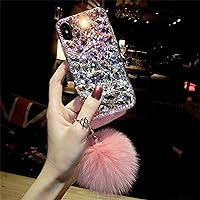 Case for Galaxy S10E,3D Handmade Sparkle Stunning Stones Rhinestone with Rabbit Furry Plush Ball Diamond Case for Samsung Galaxy S10E(Pinkwhite)