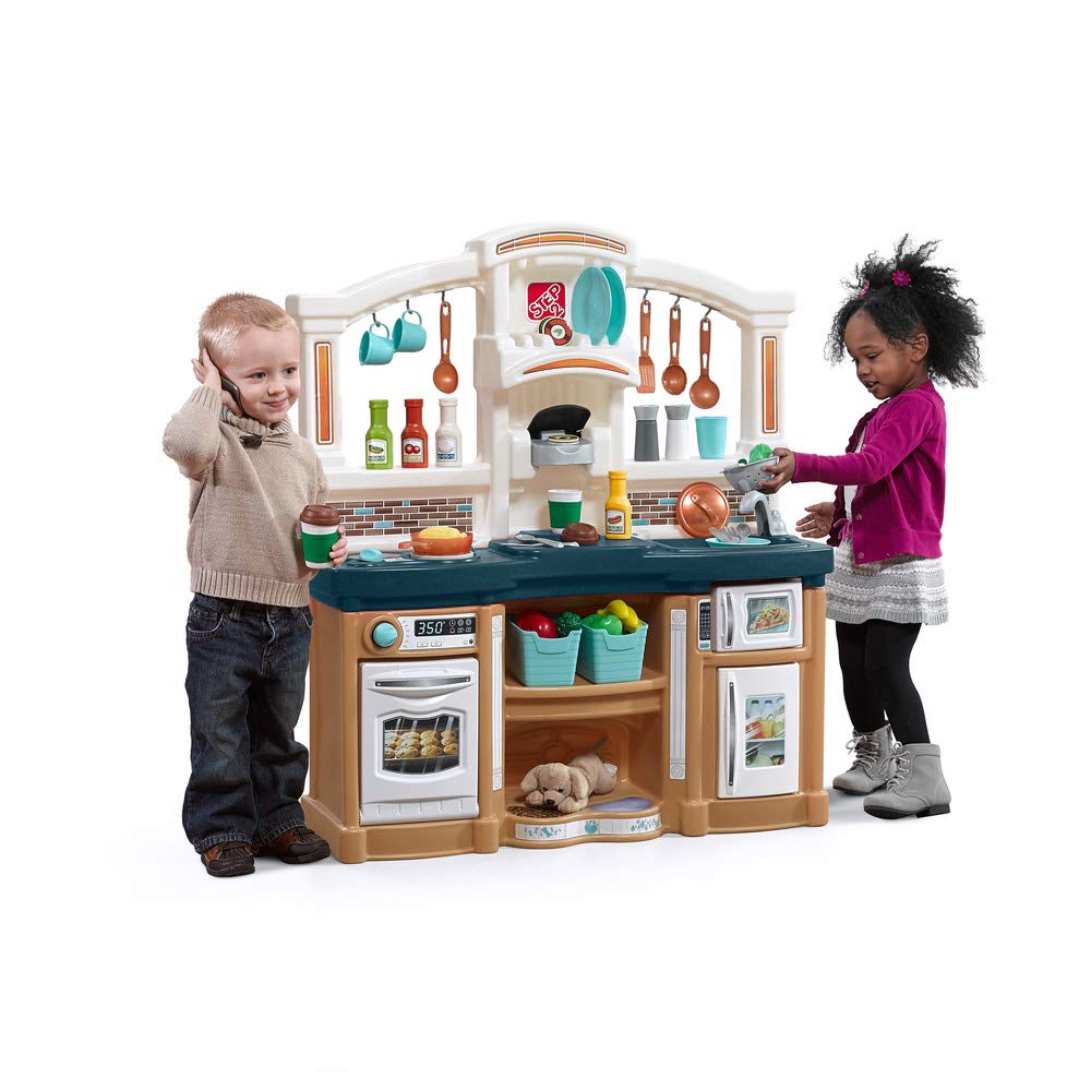 Step2 Fun with Friends Kids Kitchen, Indoor/Outdoor Play Kitchen Set, Toddlers 2 – 10 Years Old, 25 Piece Kitchen Toy Set, Easy to Assemble, Blue Brown