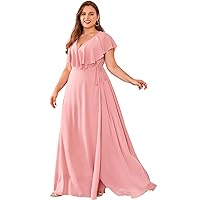 Women Plus Size V-Neck Flutter Sleeve Slit Thigh Belted Chiffon Long Formal Bridesmaid Dresses Evening Gowns