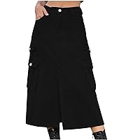 Women Fashion Cargo Skirts High Waist Split Jean Skirt Casual Spring Summer Denim Skirts Mid Length Skirt with Pockets
