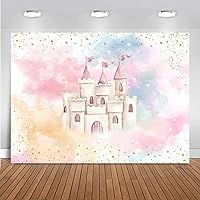 Princess Castle Backdrop for Girl Birthday Pastel Rainbow Pink Castle Birthday Party Decoration Watercolor Magical Fairytale Birthday Party Banner Photography Background (7x5ft)