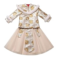 Children's Chinese Style Stand Collar Buckle Embroidered Hanfu Dresses,Winter Thickened New Year Clothes.