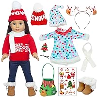 Christmas Costume Outfit 2-Sets Clothes with Accessories Include Handbag Brown Boots Sticker and DIY Headband for 18 inch Dolls