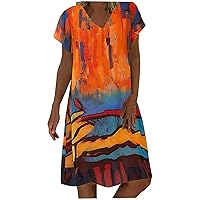 Women's Casual Loose-Fitting Summer Print Short Sleeve Knee Length Beach Flowy V-Neck Trendy Glamorous Dress Swing Orange