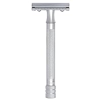 MERKUR Safety Razor 22C Matte Chrome Satin Finish Three-Piece Razor with Straight Cut Closed Comb Ideal for Wet Shaving Die-Cast Zinc Brass Handle Made in Germany