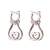 Cat Heart Stud Earrings 14K Gold Plated Round CZ Cute Mini Pet Cat Stud Earrings For Women Girls