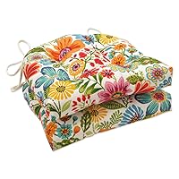 Pillow Perfect Bright Floral Indoor/Outdoor Chairpad with Ties, Reversible, Tufted, Weather, and Fade Resistant, 15.5