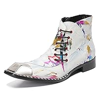 Men's Genuine Leather Metal-Square Toe Zip Graffiti Chelsea Boots Fashion Casual Beveled Laces Party Ballroom Cowboy Ankle Boot