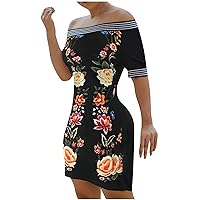 Women's Summer Straight Shoulder Dresses Short Sleeve Floral Print Dress(A)