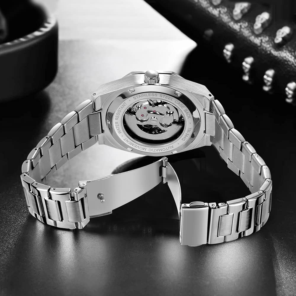 Tiong Mens Watch Luxury Skeleton Mechanical Stainless Steel Waterproof Black Automatic Self-Winding Wrist Watches for Men