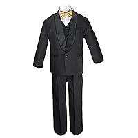 6pc Boy Black Formal Satin Shawl Lapel Suits Tuxedo Extra Gold Bow Tie SM-18