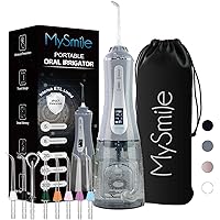 MySmile Powerful Cordless 350ML Water Dental Flosser Portable OLED Display Oral Irrigator with 5 Pressure Modes 8 Replaceable Jet Tips and Storage Bag for Home Travel Use (Gray)