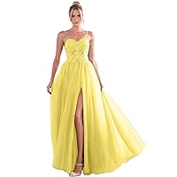 Glitter Tulle Prom Dresses Long Slit Lace Appliques Formal Dresses for Women
