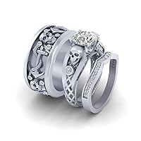 Matching Skull Wedding Ring Band Set His Her Trio Couple Rings Cubic Zirconia Gothic Flower 925 Sterling Silver