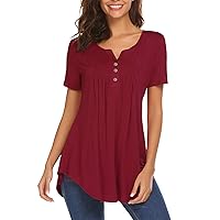 Women's Blouses, Women's Short Sleeve Tunic Loose Tops Casual Plus Size Tops Pleated Tunic Button Casual Summer T Tops