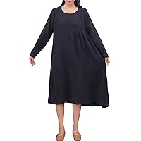 Women's Casual Loose Vintage Long Sleeves Asymmetric Cotton Linen Midi Dress