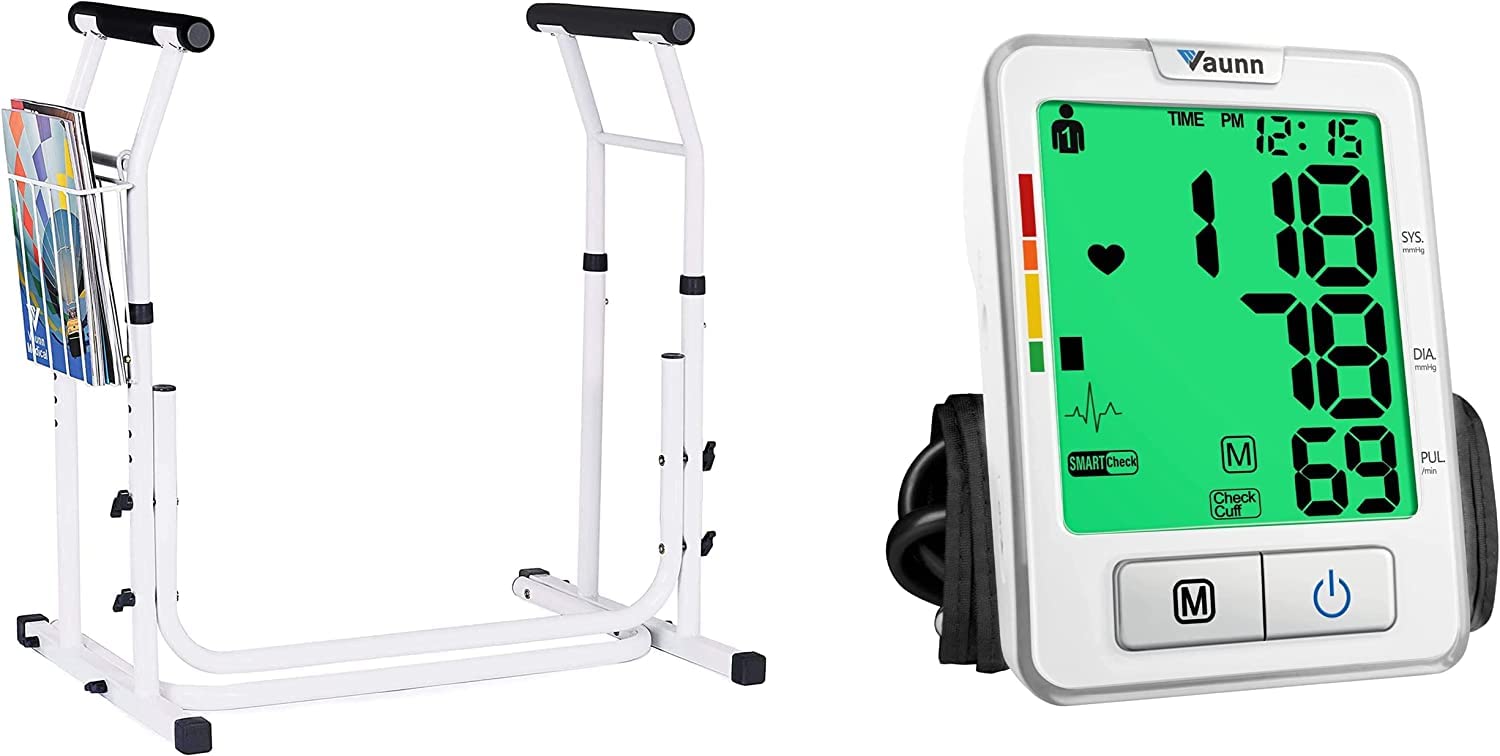 Vaunn Medical Adjustable Height Toilet Safety Frame Rail and Blood Pressure Monitor Machine Bundle