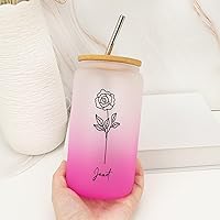 16 Oz Can Shaped Glass Personalized Birth Flower Can Glass Cup with Bamboo Lid And Straw - Reusable Smoothie Cups Glass Mug with Lid - Women's Day Gifts for Best Friend