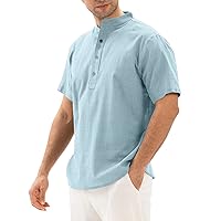 Men's Henley Shirt Stand Collar Button Tee Shirts Classic Fit Plain Beach Workout Tops Short Sleeve Hawaiian T-Shirt