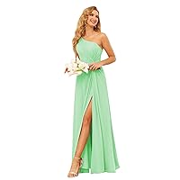 SYYS Women's Mint Green Plus Size Bridesmaid Dress Long with Slit Flowy Simple One Shoulder Formal Dresses with Pockets 26W
