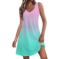 Sundresses for Women 2024 Casual Printed Dresses Sleeveless V Neck Dresses Flowy Beach Dress Boho Dress with Pockets