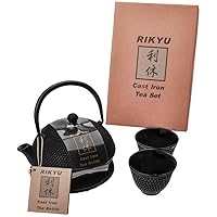 RIKYU RKTS1005BK Cast Iron ARR Tea Set with Trivet, 16 Ounce, Black