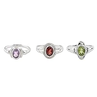 NOVICA Artisan Handmade Gemstone Cocktail Rings .925 Sterling Silver with Gemstones Amethyst Garnet Peridot India 'Stunning Trio' (set of 3)