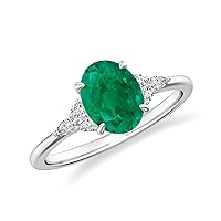 Natural Emerald Oval Solitaire Ring with Diamonds for Women in Sterling Silver / 14K Solid Gold/Platinum
