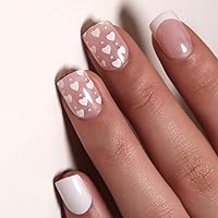 24Pcs Valentines Nails Press on Nails Valentines Day Short Square Fake Nails Nude Acrylic Nails with White French Tips Heart Design Valentine Nails White Heart Full Cover False Nails for Women