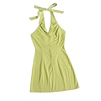2023 Women's Dresses Button Front Low Back Bodycon Dress Women's Dresses (Color : Mint Green, Size : X-Small)
