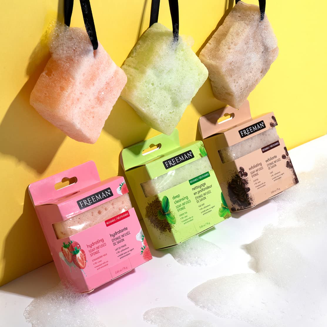 Freeman Soap Sponge Bundle, Soap Infused Bath Sponges, Coffee, Green Tea, & Strawberry Shower Sponges, Hydrating, Cleansing, & Exfoliating, Self-Tanner Removal & Prep, Vegan & Cruelty-Free, 3 Count