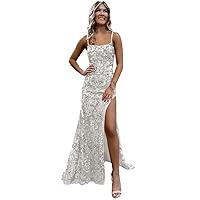 Spaghetti Straps Ivory Prom Dresses 2024 Sparkly Mermaid Sequin Evening Gowns for Women with Slit Size 0