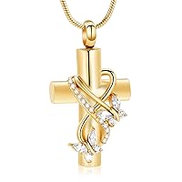 Stainless Steel Cross Urn Necklace for Ashes Crystal Butterfly Cremation Memorial Pendant for Human Ashes