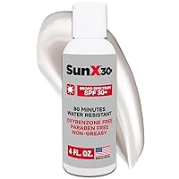 Sun X 30+ SPF Oil Free Sunscreen Lotion (4oz. Bottle) - Free of Parabens, Oxybenzone, & White Cast Properties With Broad Spectrum (UVA/UVB) Protection - Water & Sweat Resistant For Up To 80 Minutes