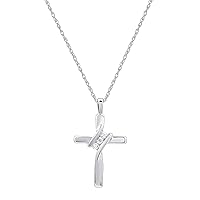 GILDED Small 10K White Gold Natural Round-Cut Diamond Accent (I-J Color, I2-I3 Clarity) 3 Stone Cross Pendant-Necklace,18