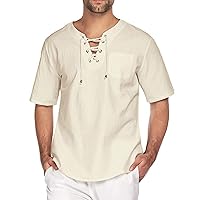 TiaoBug Men's Linen Cotton Shirt Short Sleeve V Neck Lace Up Blouse Yoga Beach Tee Top