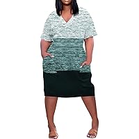 Plus Size Dresses Women Summer V Neck Short Sleeve Knee Pocket Soild Color Casual Dress