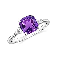 Natural Amethyst Cushion Solitaire Ring with Diamonds for Women in Sterling Silver / 14K Solid Gold/Platinum