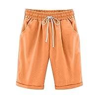 Bermuda Shorts for Women Solid Cotton Linen Shorts Drawstring Elastic Waist Short Pants Casual Comfy Short with Pocket