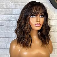 Highlight Brown Bob Wig With Bangs Loose Wave Glueless HD 13X4 Lace Front Human Hair Wig with Invisible Bleached Knots Ombre Brown Honey Blonde Wavy Short Bob Bangs Wig for Women 150 Density 14