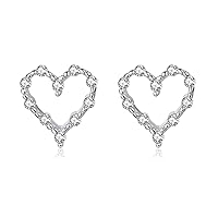 Reffeer Solid 925 Sterling Silver Hollow Heart Stud Earrings for Women Teen Girls CZ Open Heart Earrings Stud Hypoallergenic
