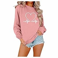 Women's Fall Fashion 2024 Long Sleeve Valentine's Day Round Neck Pullover Blouse Loose Heart Printed Shirt