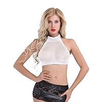 CHICTRY Women's Backless Mesh Halter Neck Rave Party Crop Top Shirt