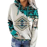Womens Western Aztec Hoodie Geometric Ethnic Graphic Pullover Long Sleeve Sweatshirt Shirts Vintage Casual Top
