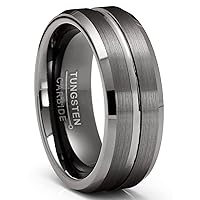 Mens Tungsten Carbide Ring Gunmetal Wedding Band Grooved Ring 8MM Comfort-Fit