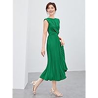 Dresses for Women Twist Front Shoulder Pads Keyhole Back Pleated Hem Dress (Color : Green, Size : X-Small)