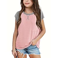 Girls Summer Casual Tops Cap Sleeve Crewneck Loose fit Raglan T Shirts with Pocket Size 5-14