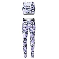 FEESHOW Girls Two Piece Sports Bra Crop Top with Athletic Leggings for Gymnastic Dance Workout Outfit Tracksuit Set Lavender Camouflage 8