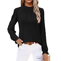 Women's Frill Mock Neck Tops Long Sleeve Floral Solid Dressy Casual 2023 Fall Fashion Blouses Shirts